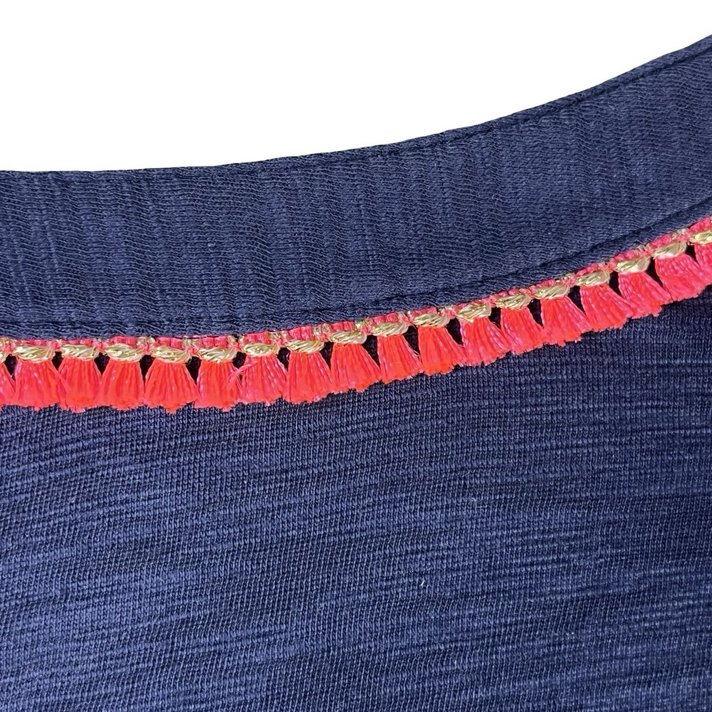 Lilly Pulitzer Kalissa Navy Blue‎ Top Tunic Medium Pink Tassel Trim Long Sleeve - Picture 6 of 9